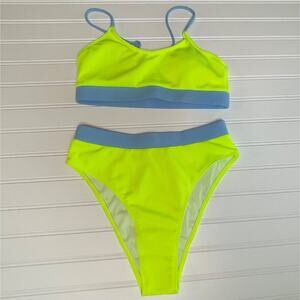 Womens Neon Green Ribbed Bikini Set – Small High Waist 2-Piece Swimsuit Cheeky